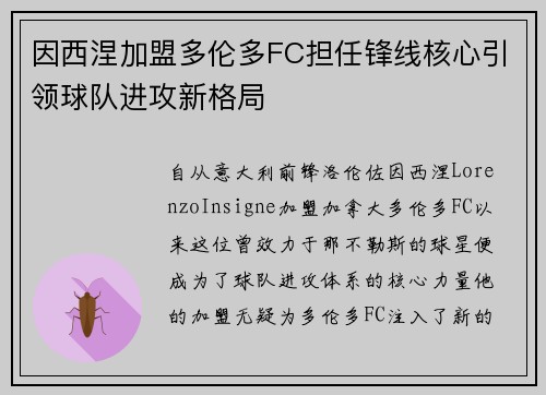 因西涅加盟多伦多FC担任锋线核心引领球队进攻新格局 因西涅加盟多伦多FC担任锋线核心引领球队进攻新格局