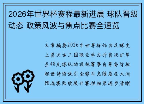 2026年世界杯赛程最新进展 球队晋级动态 政策风波与焦点比赛全速览 2026年世界杯赛程最新进展 球队晋级动态 政策风波与焦点比赛全速览